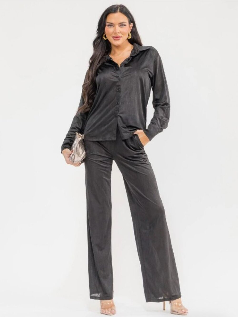 Black Two-Piece Set – Luxe Button-Up Top & Wide-Leg Pants